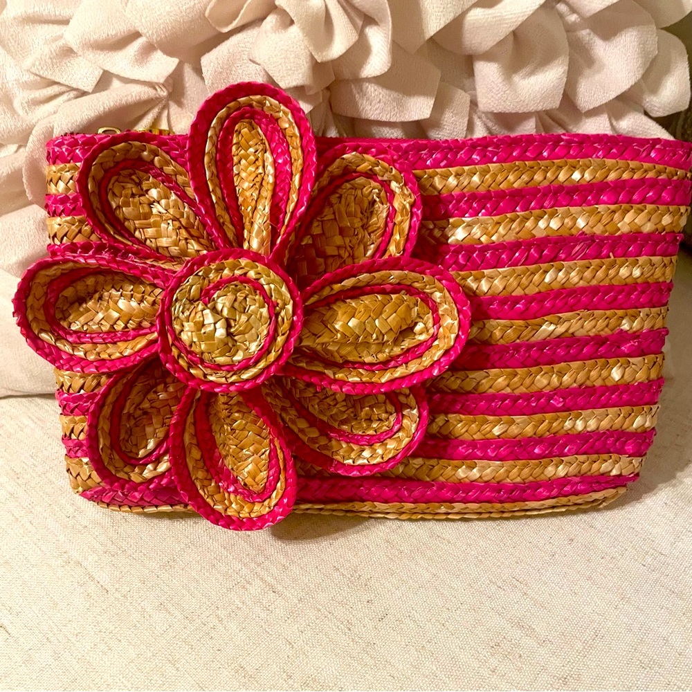 Hot pink and natural raffia clutch